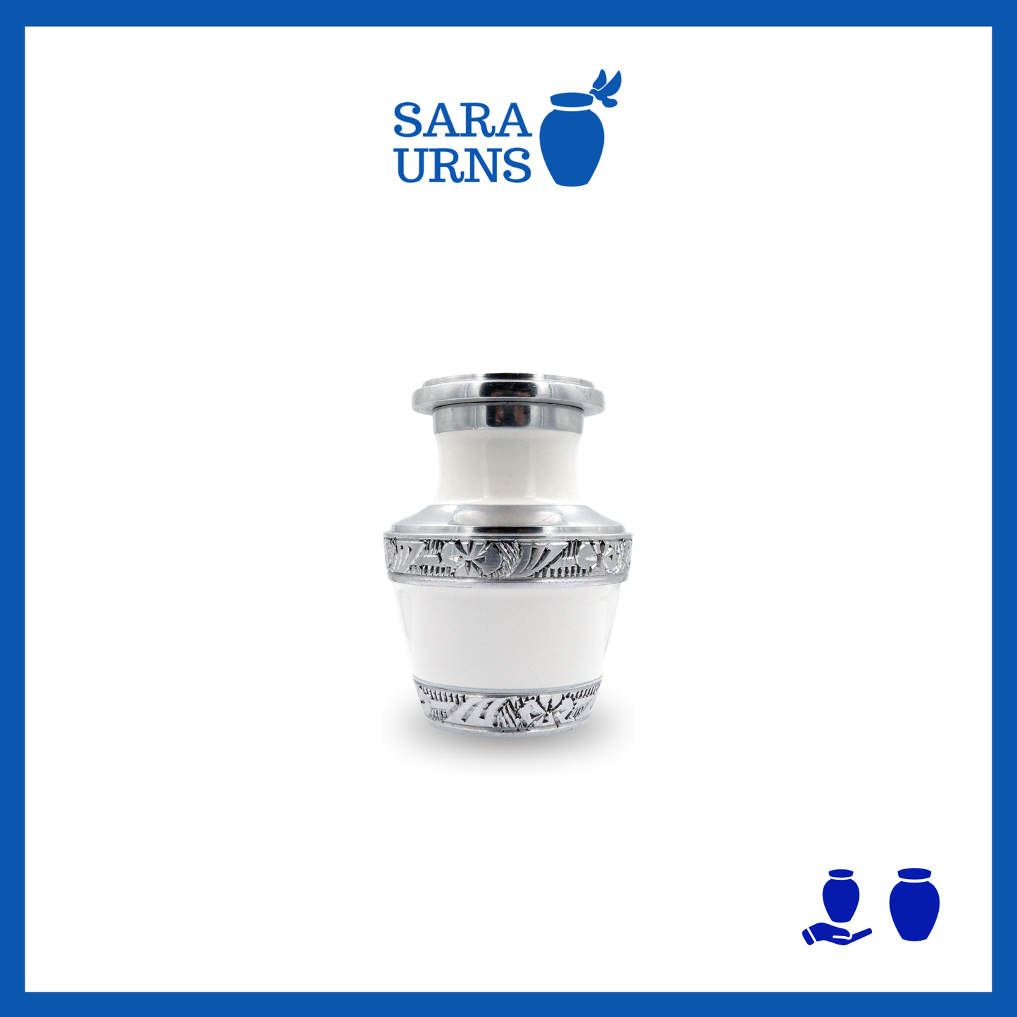 A white aluminum metal keepsake urn with silver hand-etched designs across the body and lid over a white background.