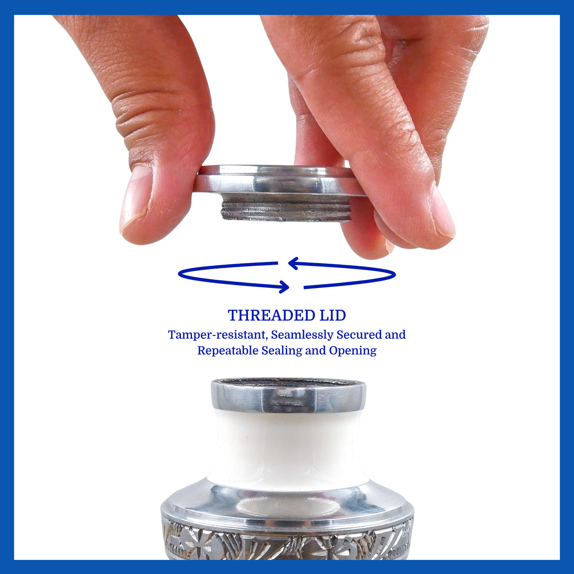 A presentation of a white aluminum metal keepsake urn’s threaded lid which highlights its safety and security.