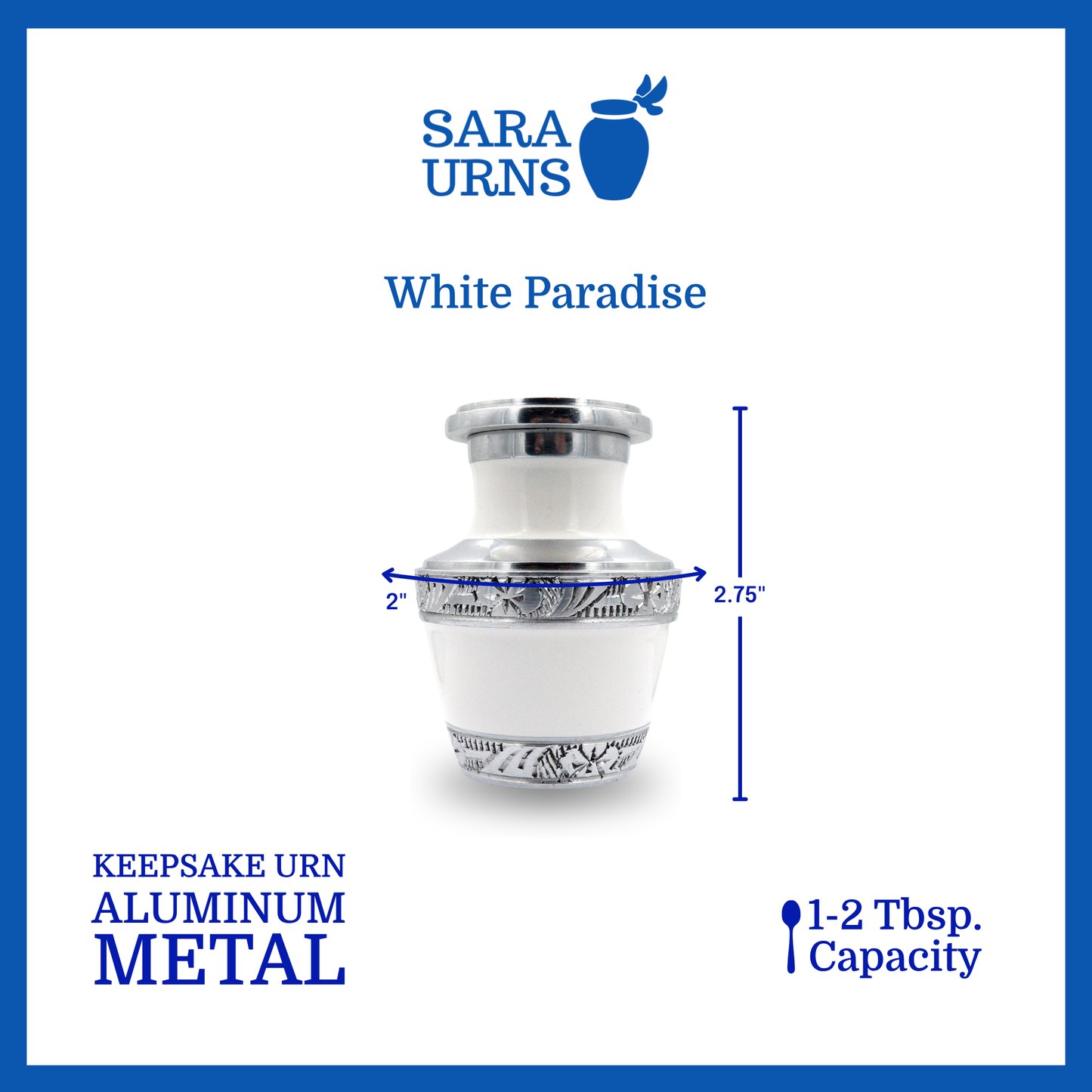 A white aluminum metal keepsake urn with silver hand-etched designs across the body and lid that is specified as 2 inches in diameter, 2.75 inches tall and can fit approximately 1 to 2 tablespoons of ashes.