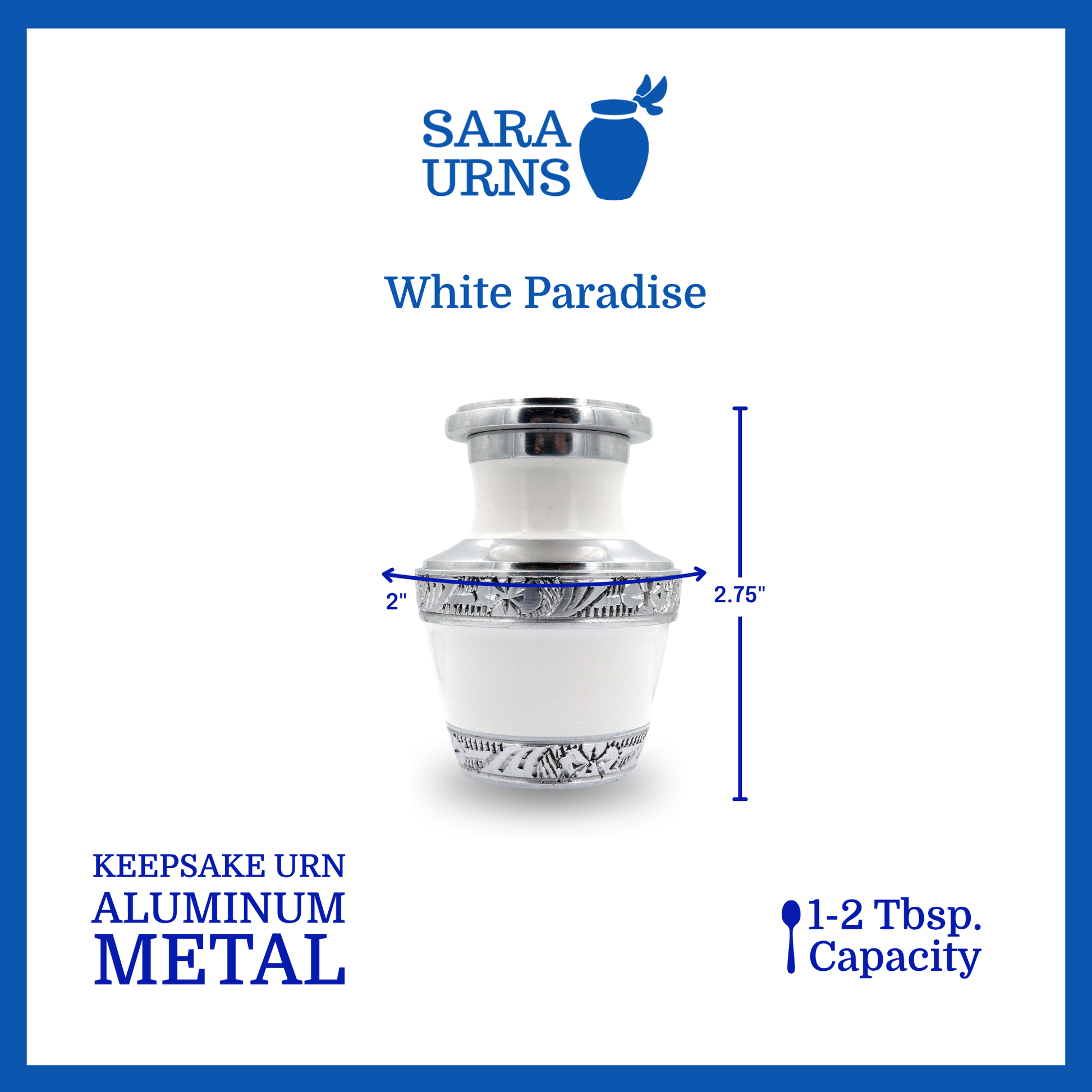 A white aluminum metal keepsake urn with silver hand-etched designs across the body and lid that is specified as 2 inches in diameter, 2.75 inches tall and can fit approximately 1 to 2 tablespoons of ashes.