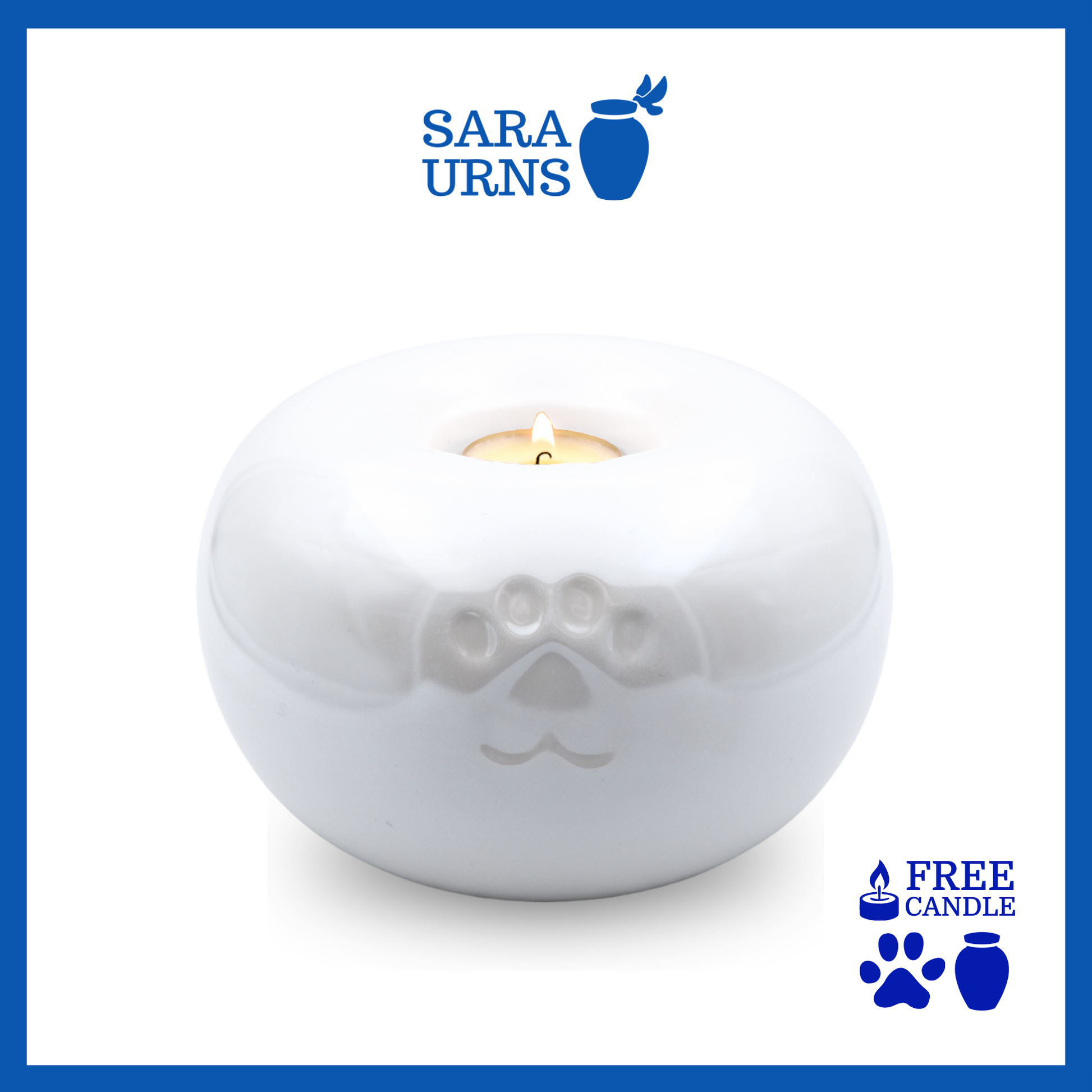 A white ceramic pet urn with a pearly finish with a candleholder feature over a white background.