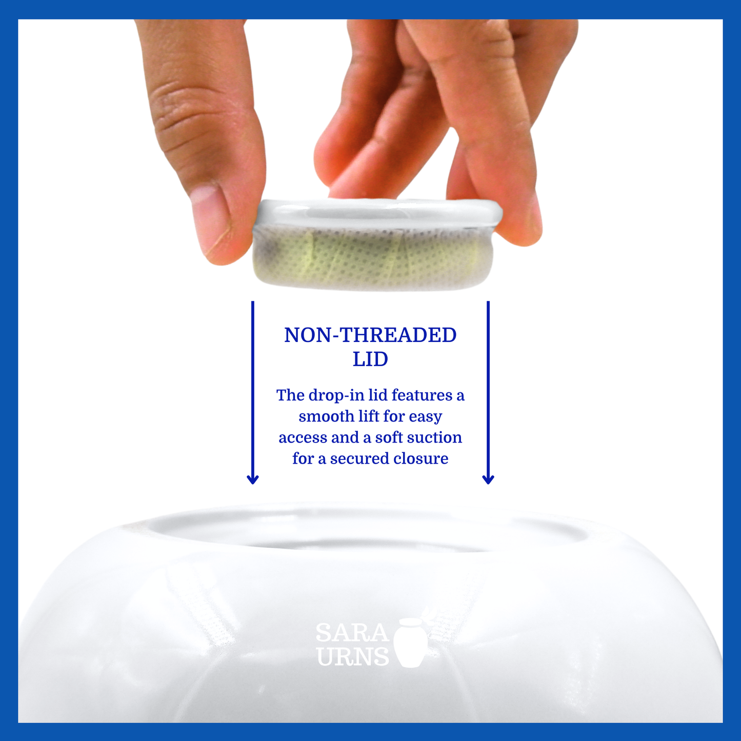 A presentation of a white pearly ceramic pet urn’s non-threaded lid which highlights its accessibility.