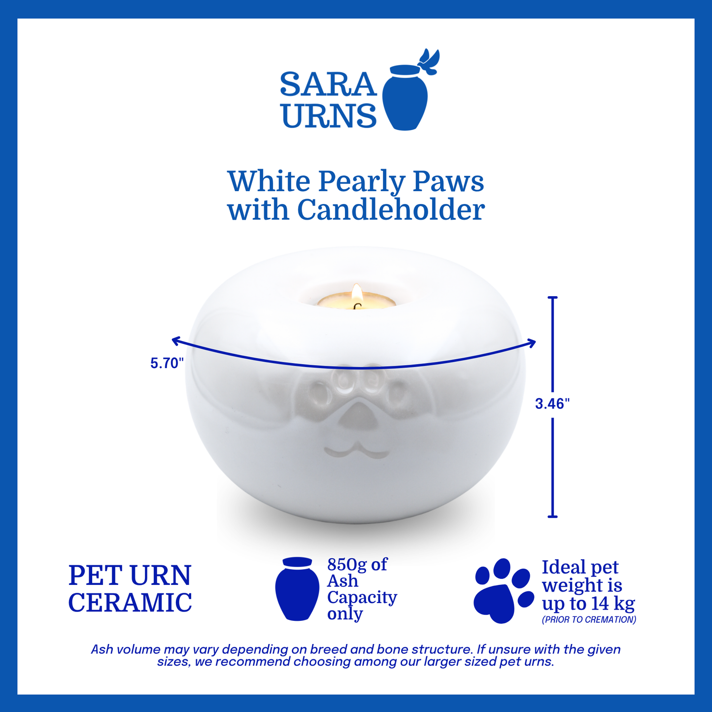 A white pearly ceramic pet urn that is specified as 5.70 inches in width and  3.46 inches tall with an ash capacity of 850 grams.