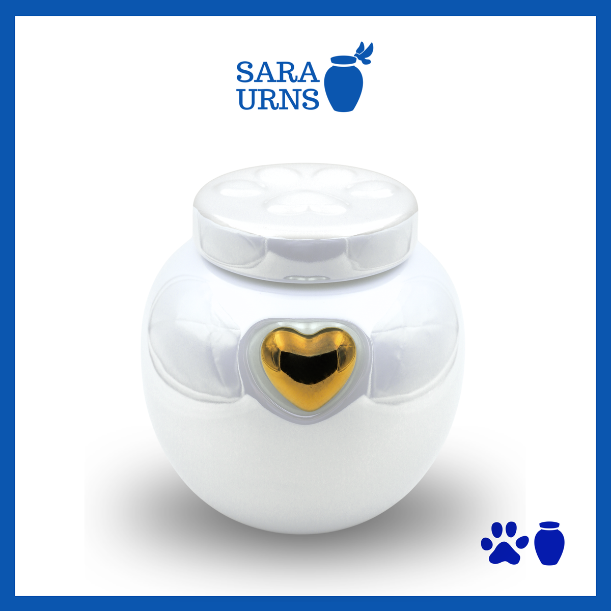 A white ceramic pet urn with a pearly finish, a gold heart at its center and an embossed paw detail in the lid over a white background.