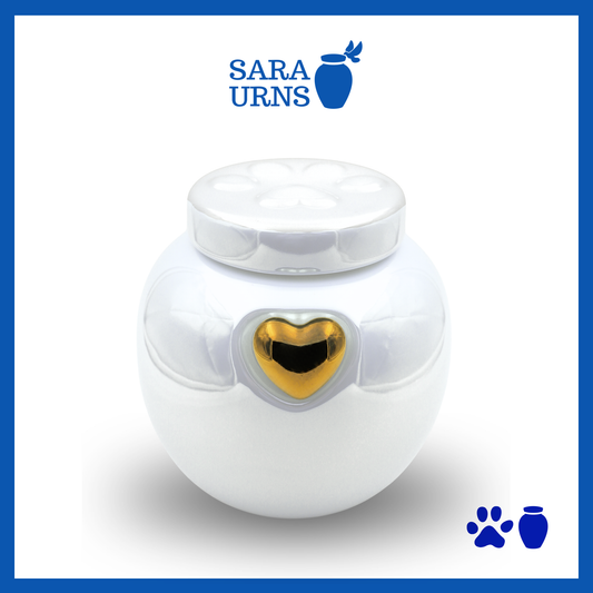 A white ceramic pet urn with a pearly finish, a gold heart at its center and an embossed paw detail in the lid over a white background.