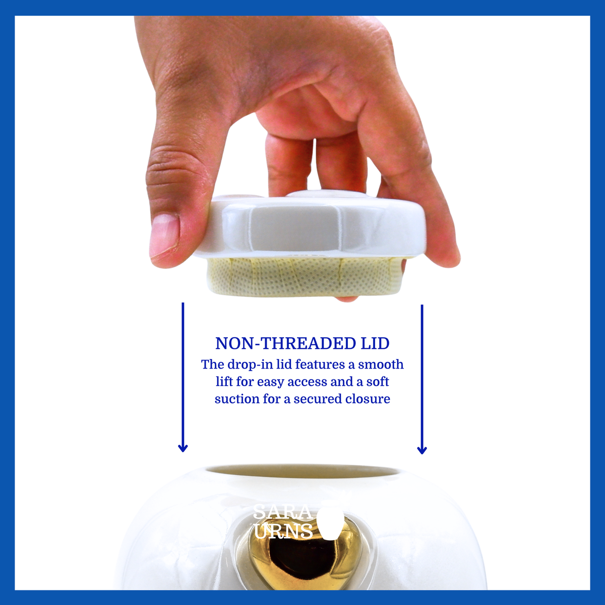 A presentation of a white ceramic pet urn’s non-threaded lid which highlights its accessibility.