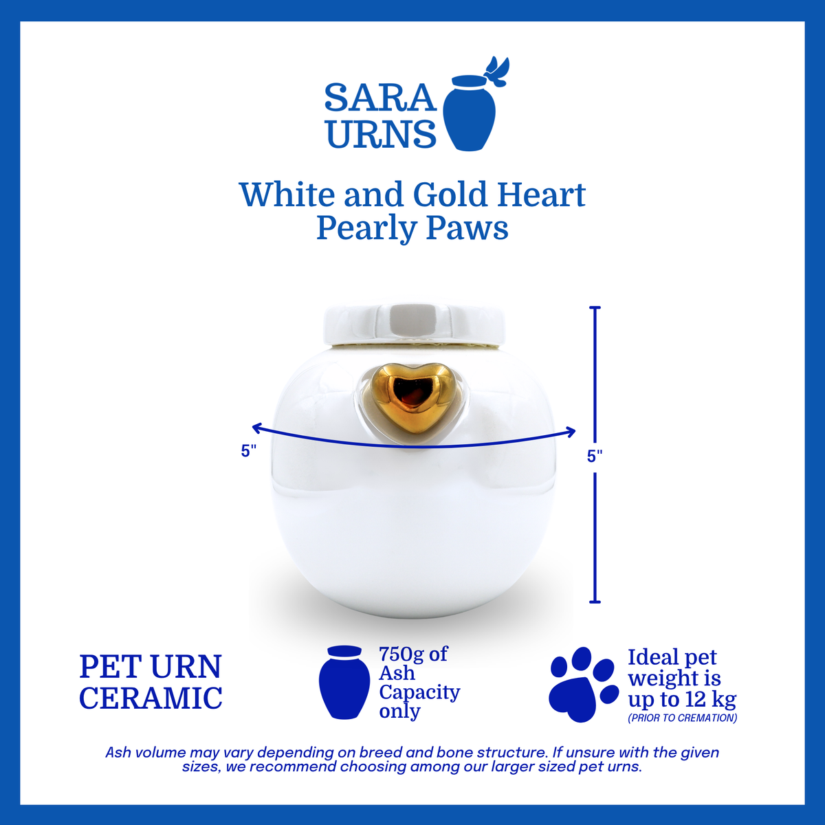 A white ceramic pet urn that is specified as 5 inches in width and  5 inches tall with an ash capacity of 750 grams.