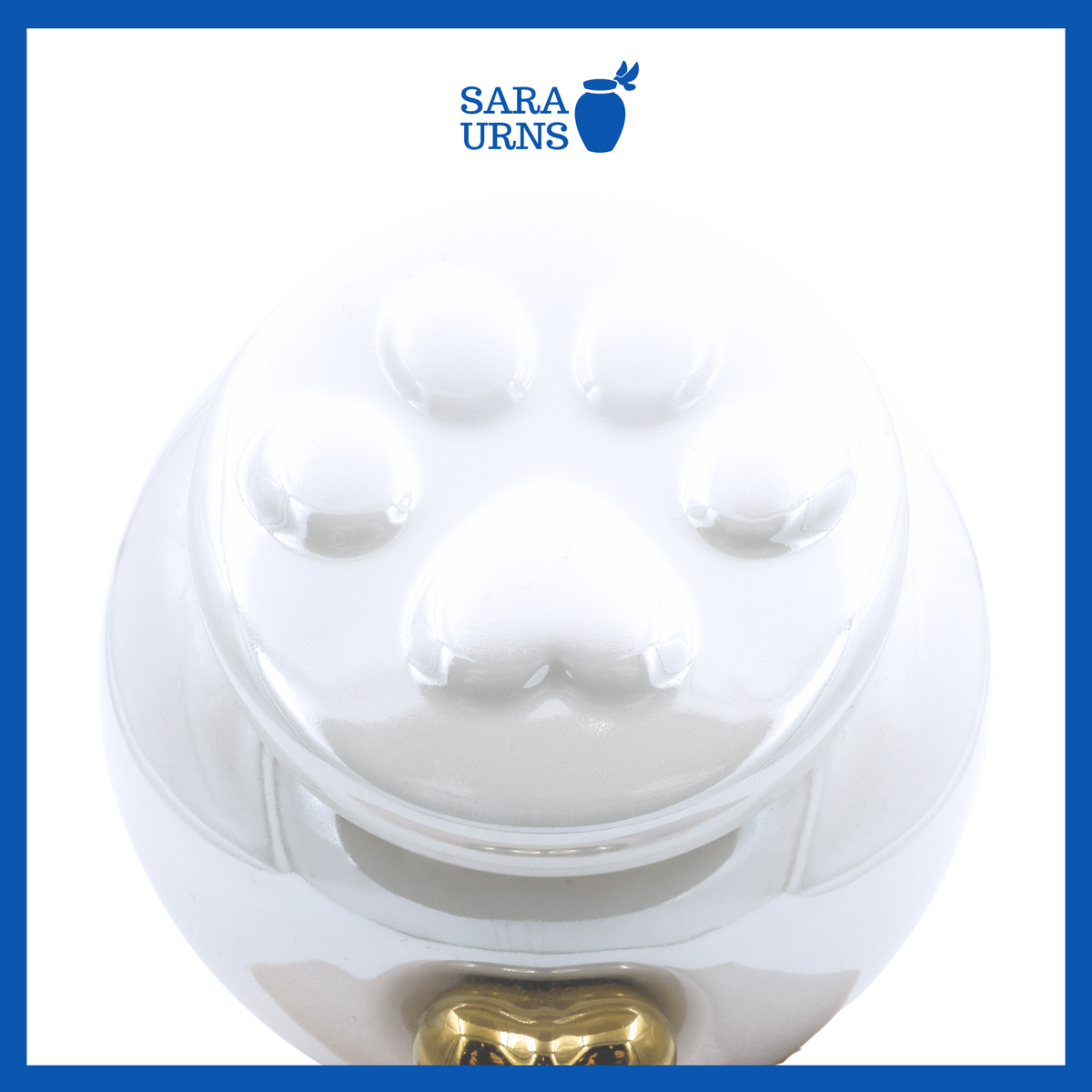 A higher angle of a white ceramic pet urn with an embossed paw detail in the lid over a white background.