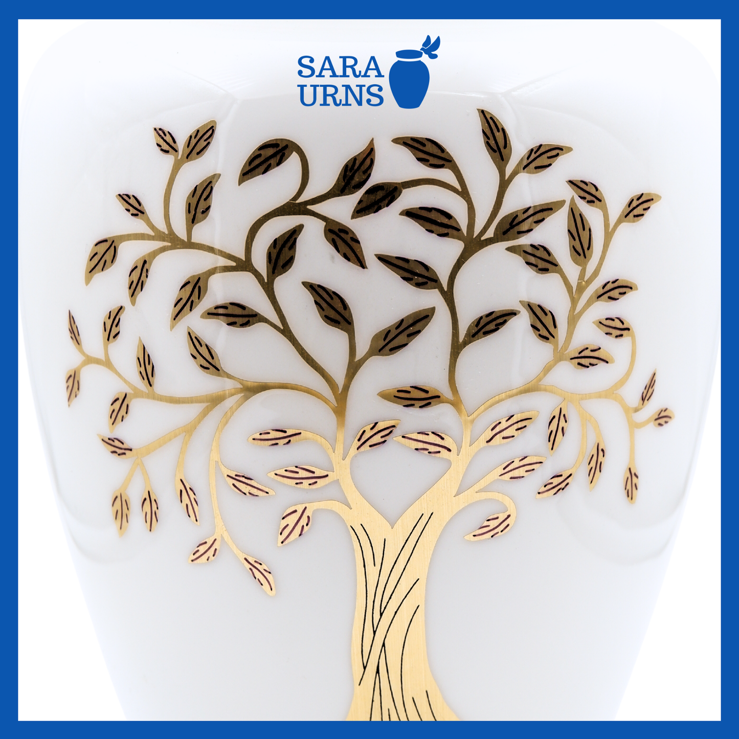 A close-up angle of a white polished aluminum metal urn which highlights its white polished finish and hand-etched tree of life detail.