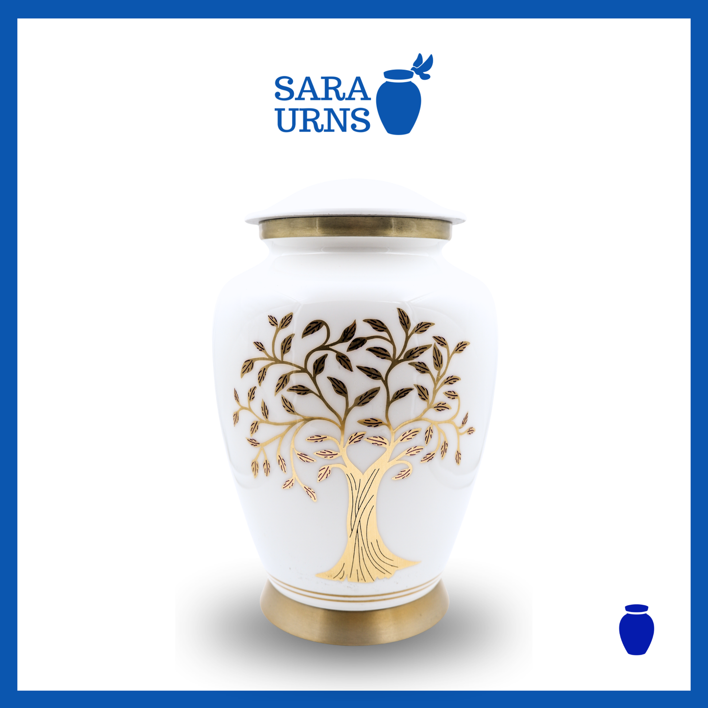 A white polished aluminum metal urn with a golden, hand-etched tree of life detail over a white background.