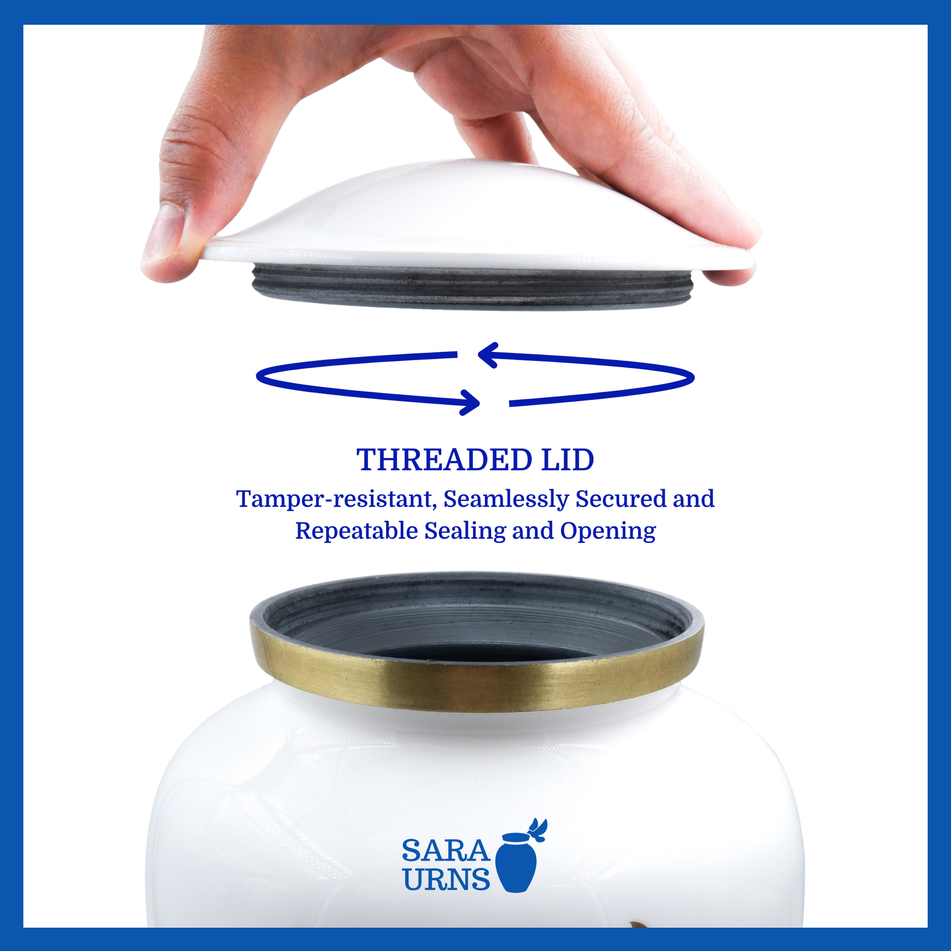 A presentation of a white polished aluminum metal urn’s threaded lid which highlights its safety and security.