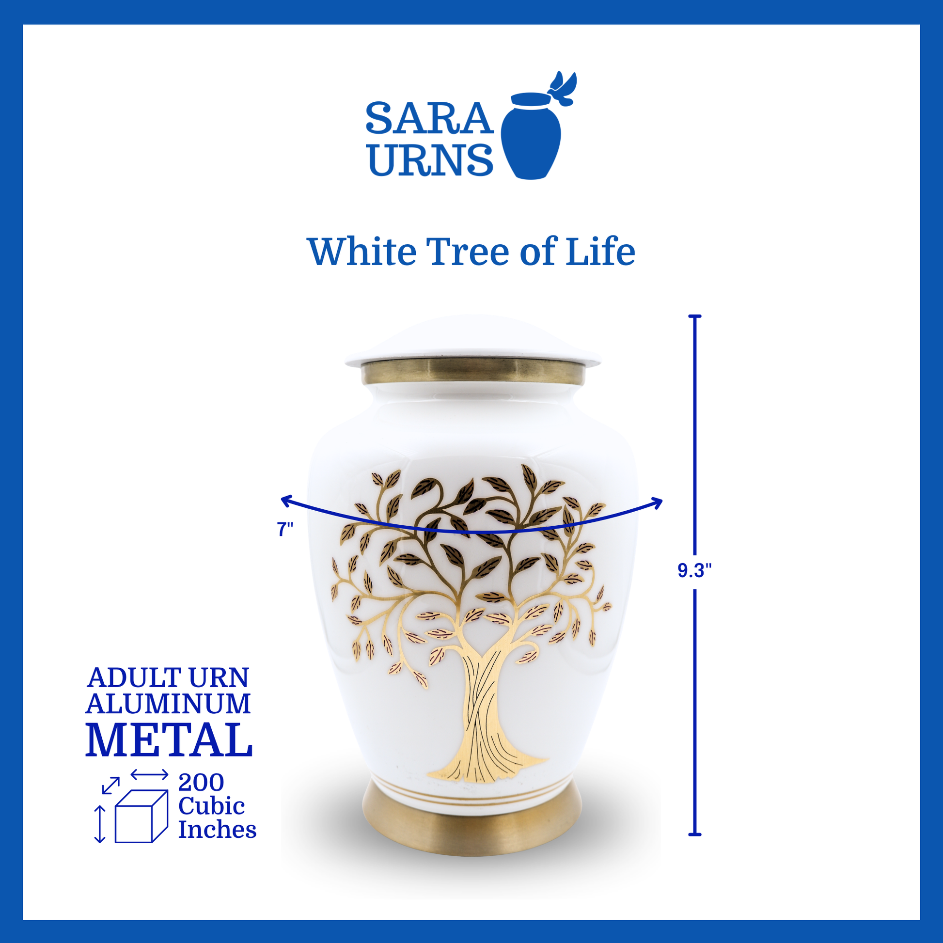 A white polished aluminum metal urn with a golden, hand-etched tree of life detail that is specified as 7 inches in diameter, 9.3  inches tall and is 200 cubic inches.