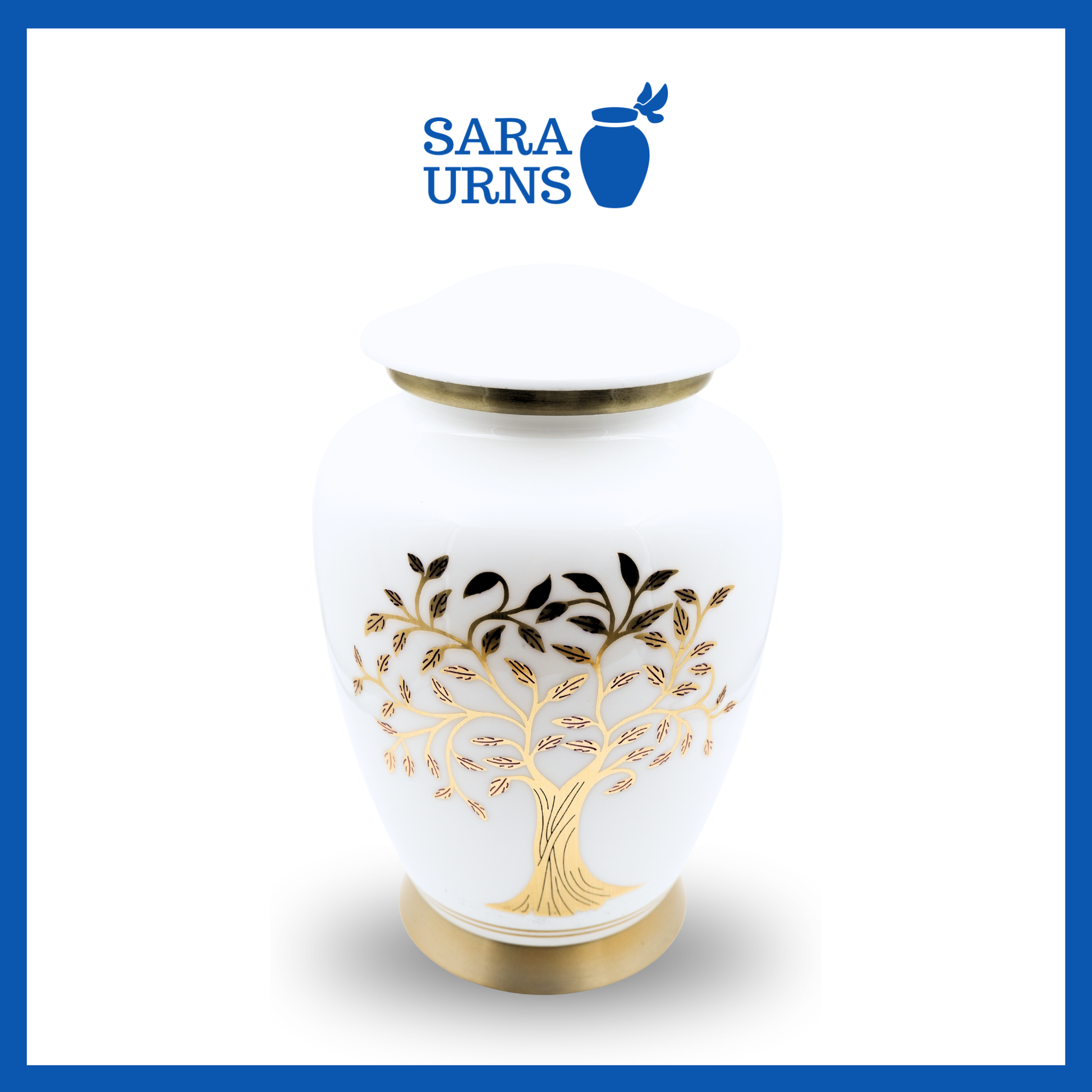 A higher angle of a white polished aluminum metal urn with a golden, hand-etched tree of life detail over a white background.