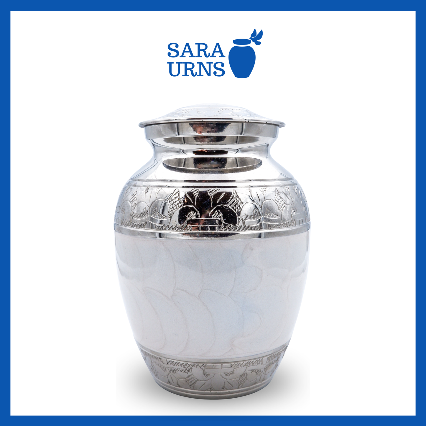 A close-up angle of a white polished brass metal baby urn which highlights its enamel finish and silver hand-etched details.