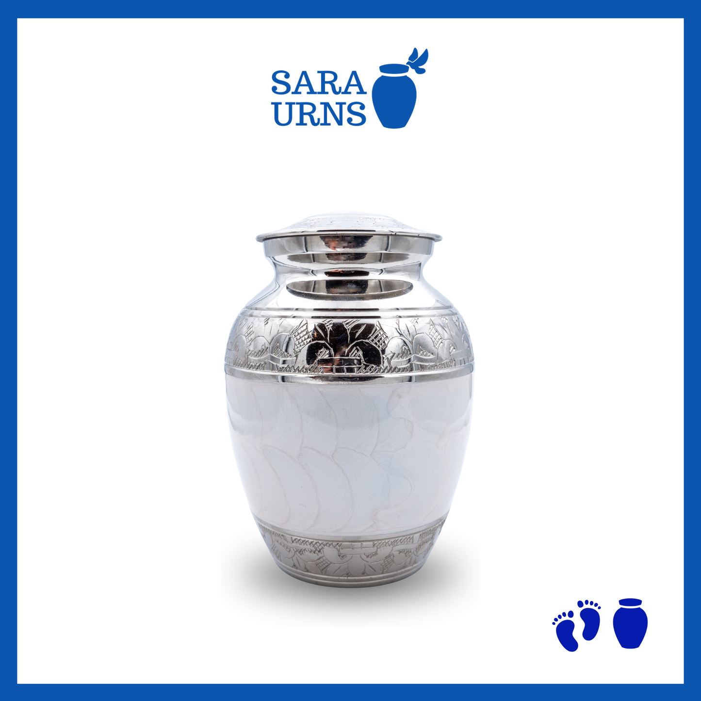 A white polished brass metal baby urn with an enamel finish and hand-etched details over a white background.