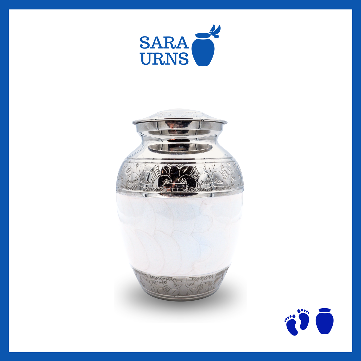A white polished brass metal baby urn with an enamel finish and hand-etched details over a white background.