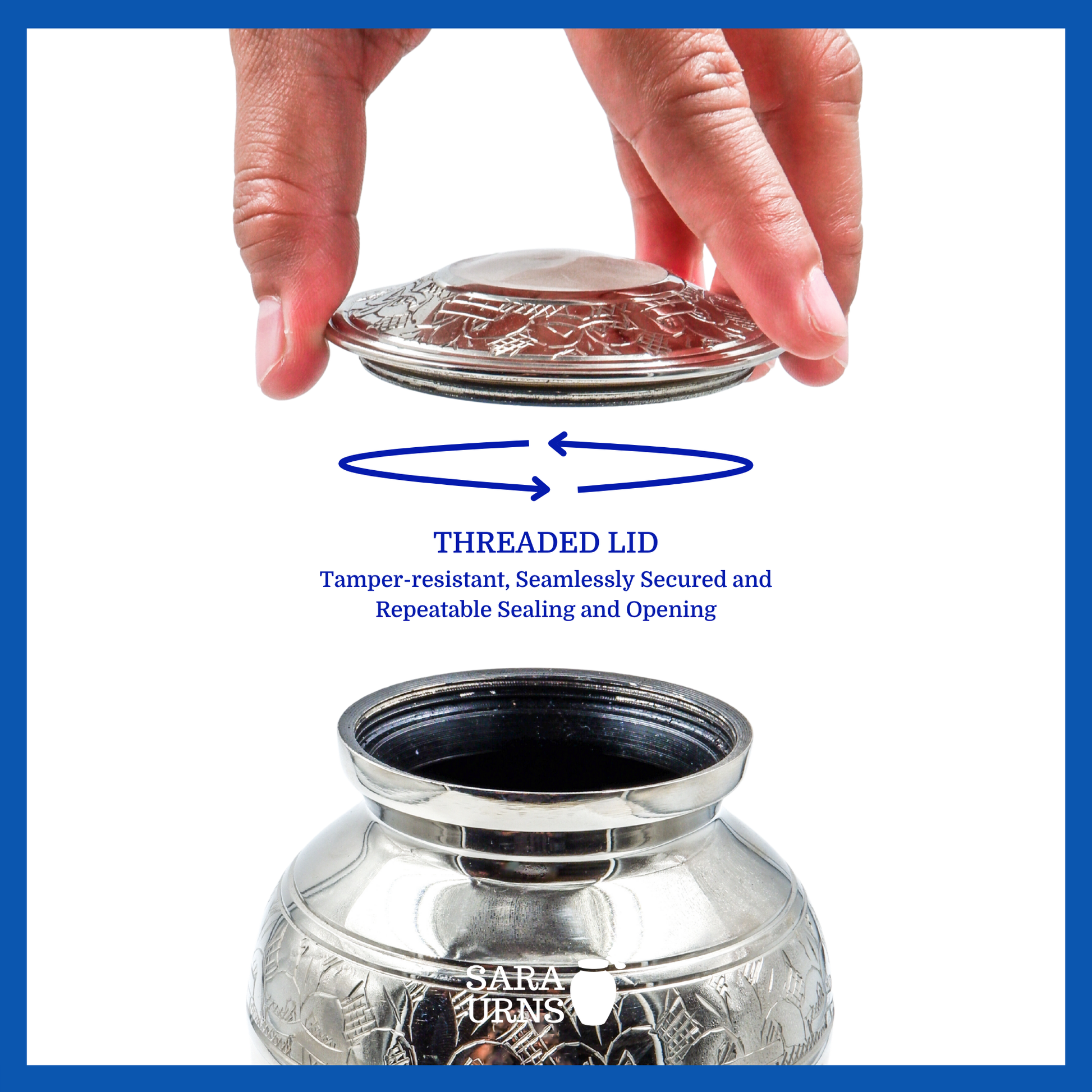 A presentation of a white polished brass metal baby urn’s threaded lid which highlights its safety and security.