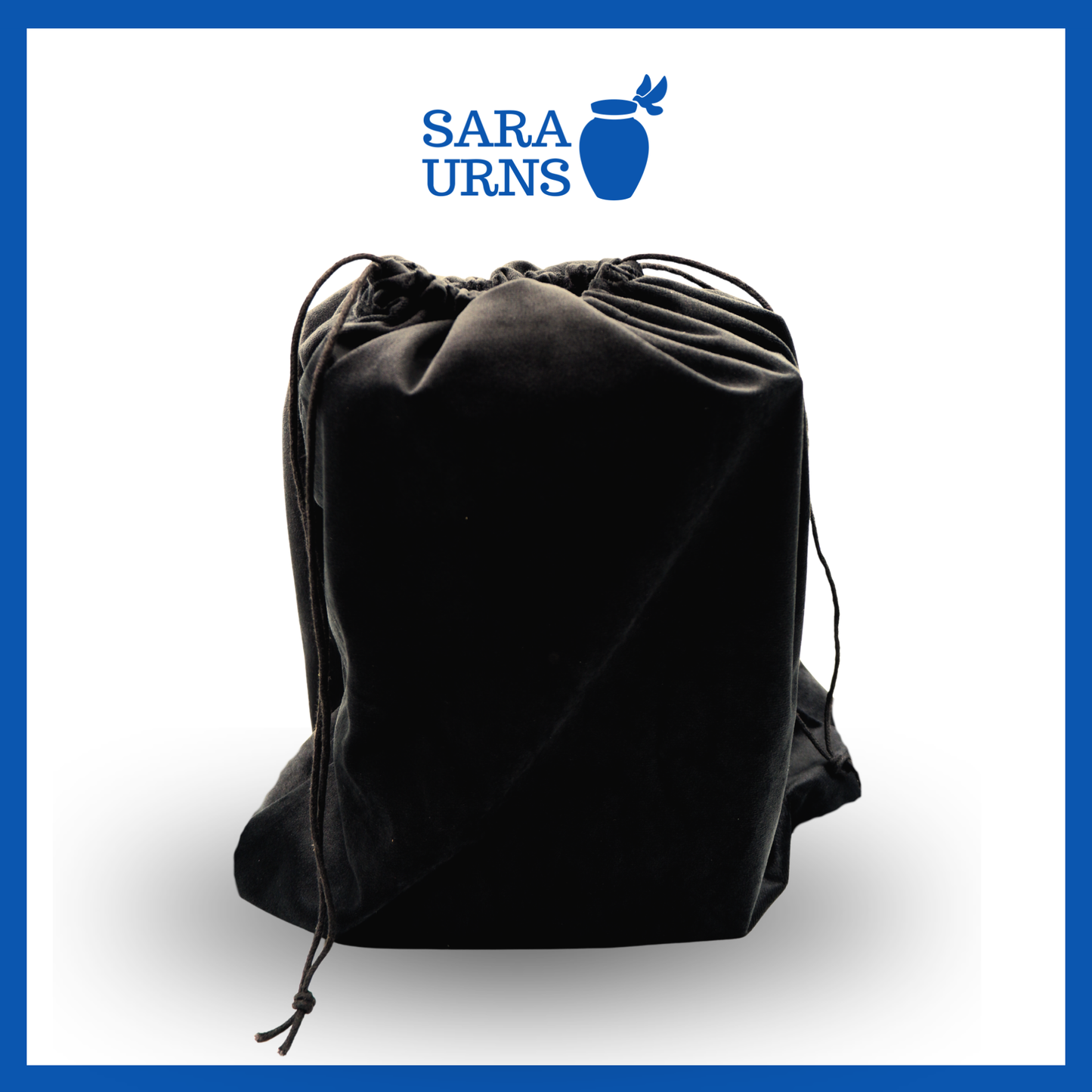 A presentation of the large, black urn pouch that is tied up as a drawstring bag with a wood urn inside.