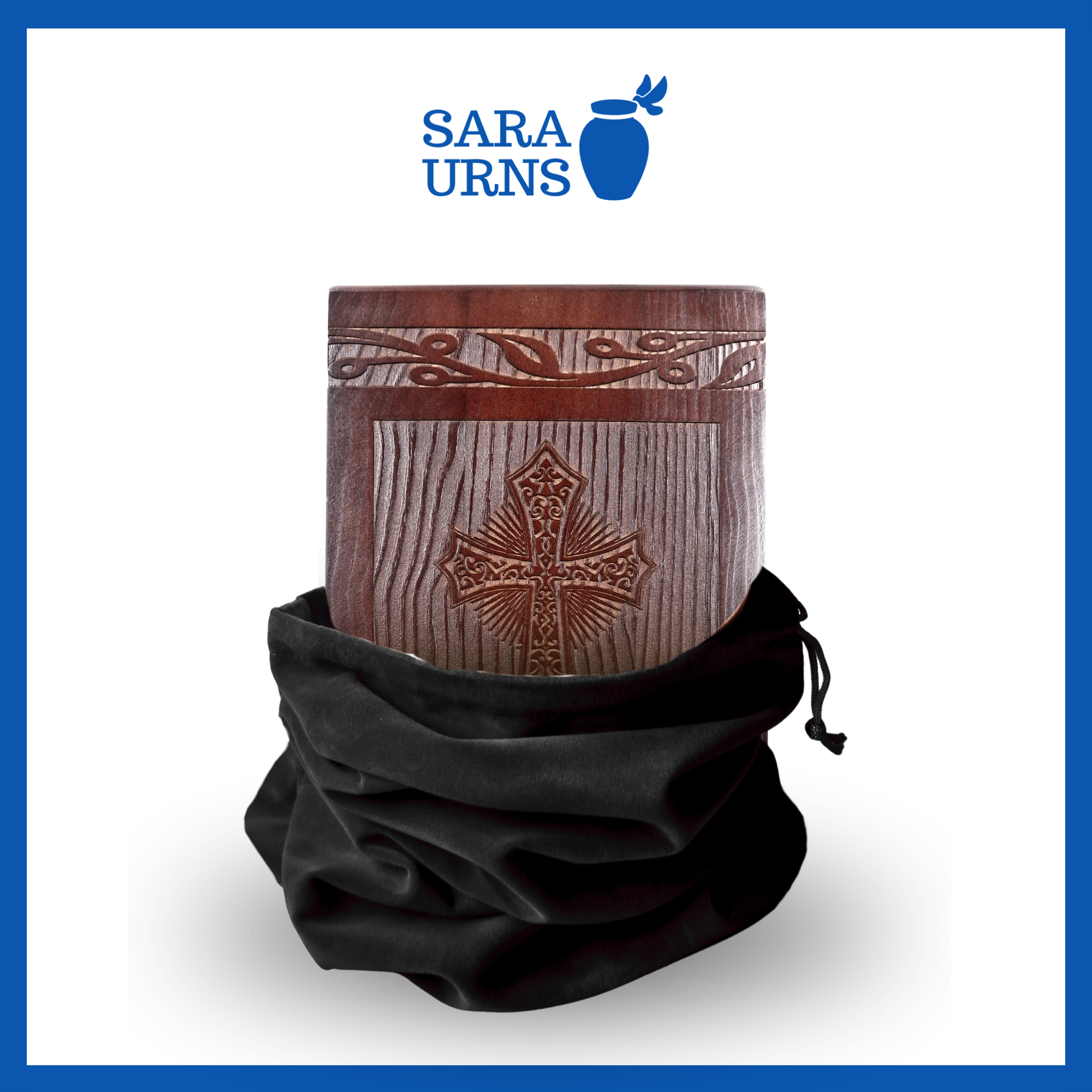 A presentation of the large, black urn pouch that is opened up with the wood urn half seen inside it.