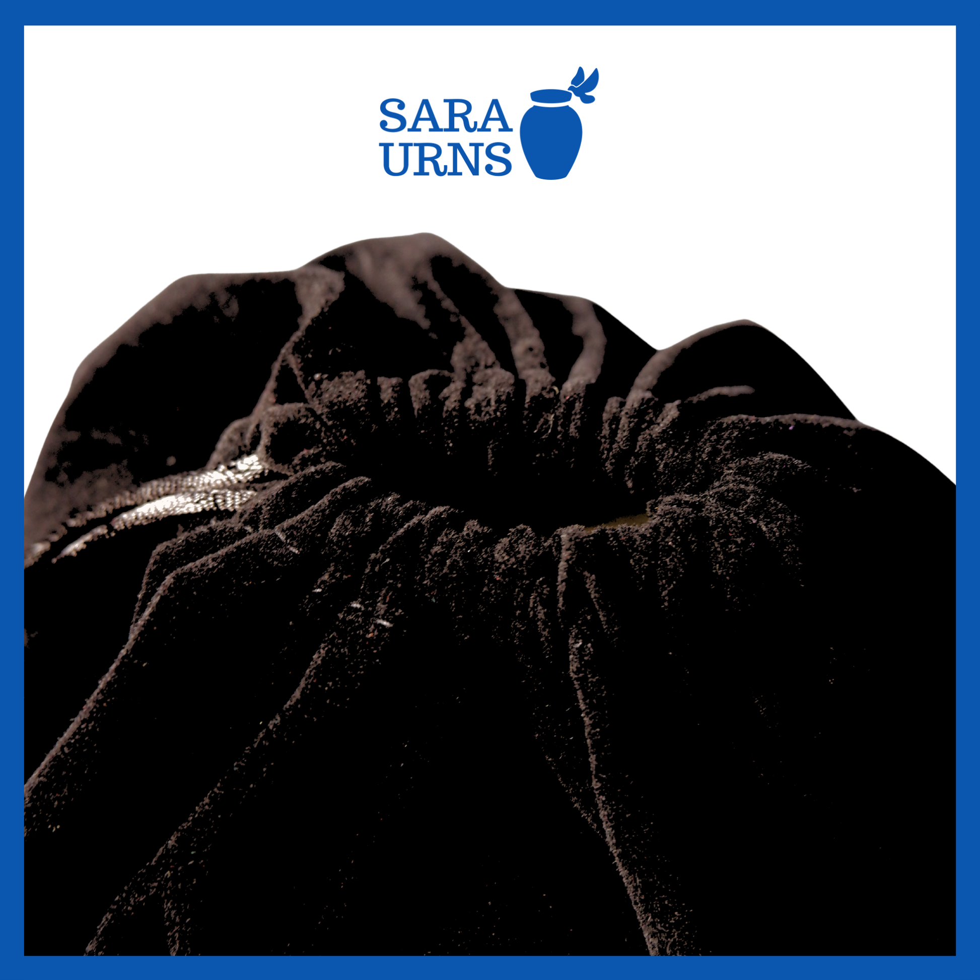 A close-up presentation of the large, black urn pouch when tied up with its drawstring mechanic.