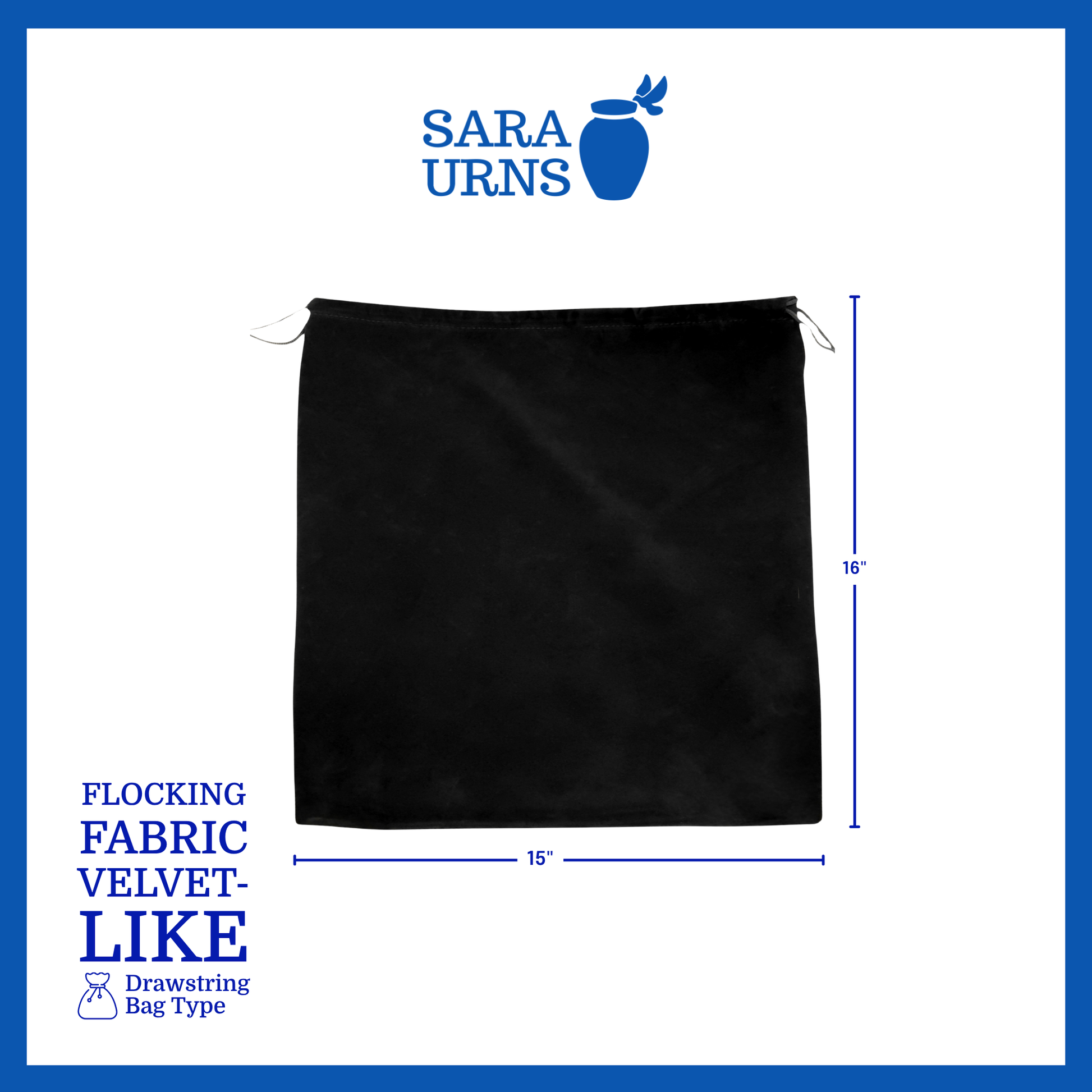 A presentation of a large, black urn pouch laid flat that is specified as 15 inches in width and 16 inches in height. It is made of flocking cloth that is velvet-like.