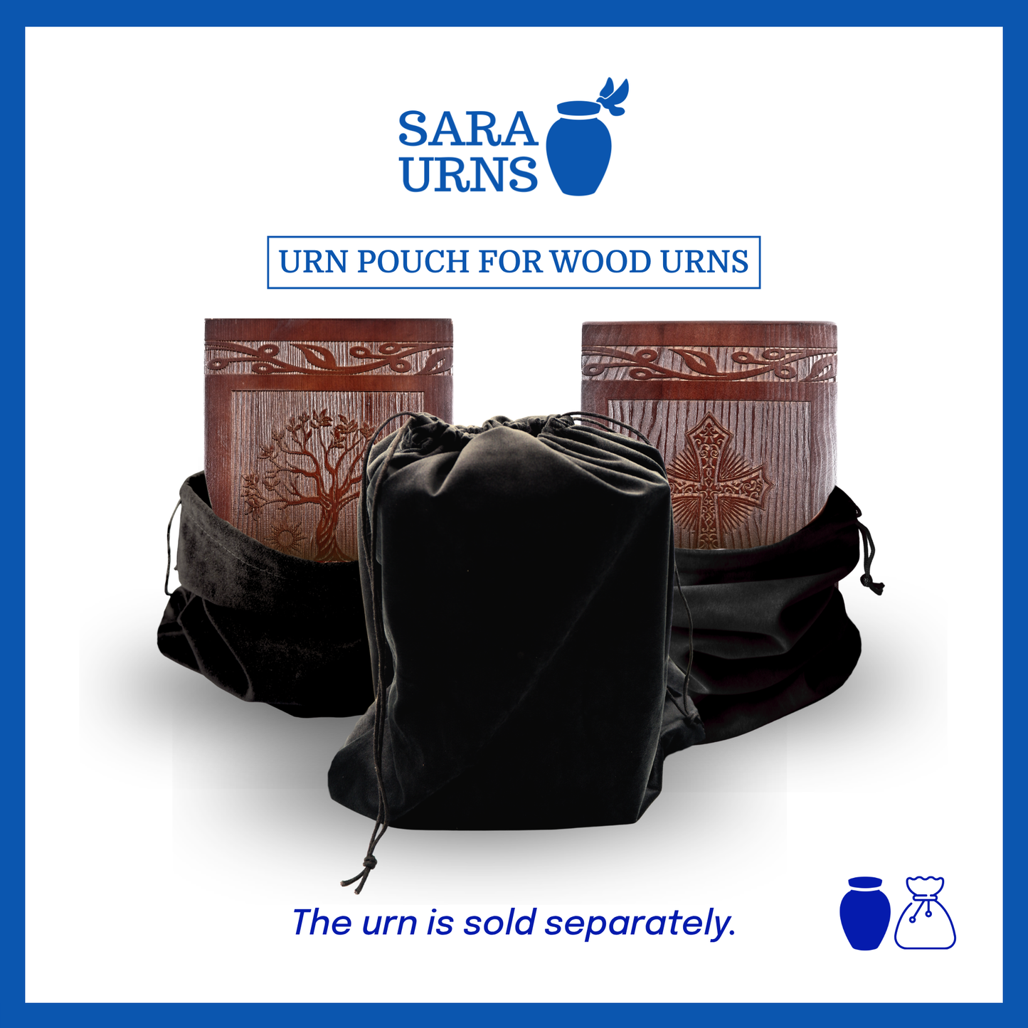 A presentation of large, black colored urn pouches with wood urns over a white background.