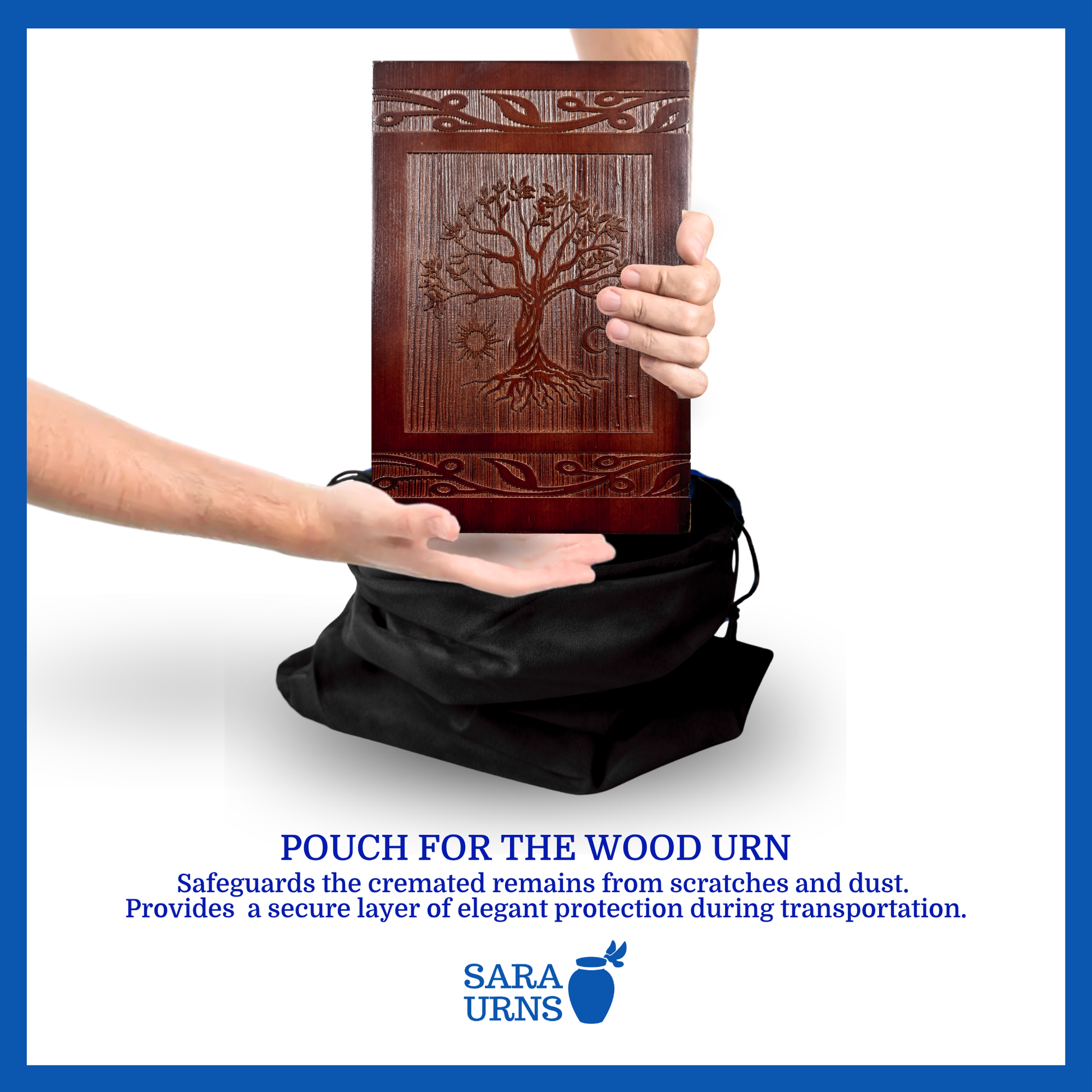 A presentation of a large, black urn pouch in usage with the wood urn. It safeguards the cremated remains from scratches and dust. It looks elegant and provides secured protection during transportation.
